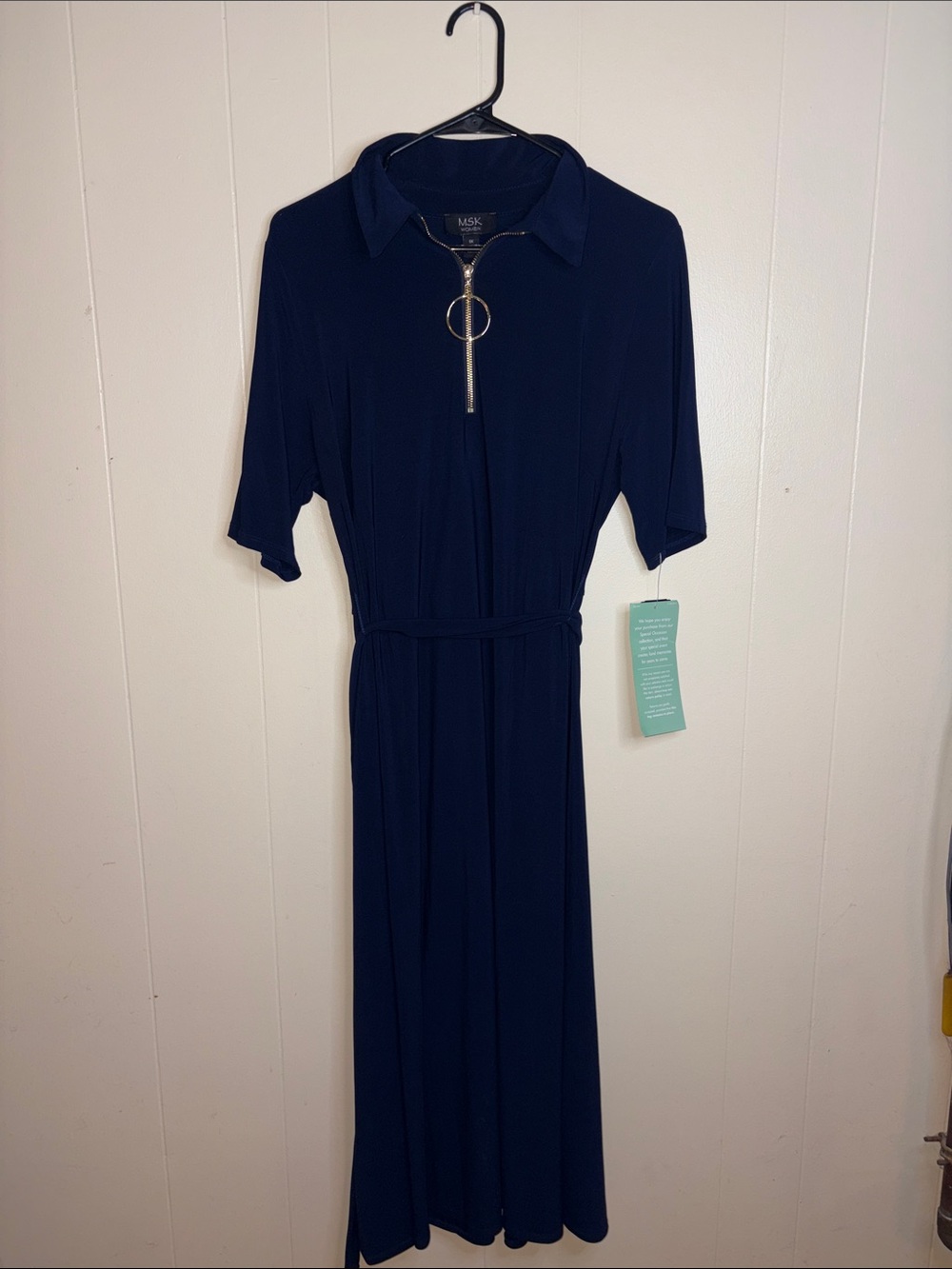 MSK Navy Zip-Front Collared Maxi Dress with Self-Tie Waist
